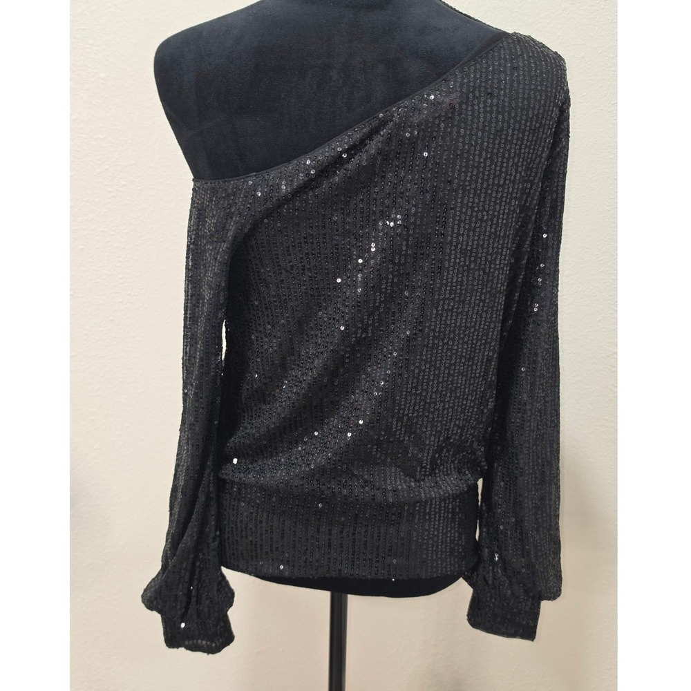 Black Sequined One Shoulder Long Sleeve Top Evening Party Blouse - Picture 2 of 8